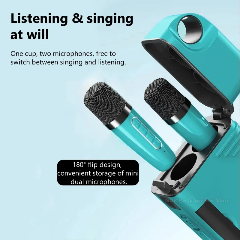 더블 마이크 휴대용 무선 블루투스 스피커 박스, 소형 올인원 가족 노래방 기계, 파티용 가사 디스플레이