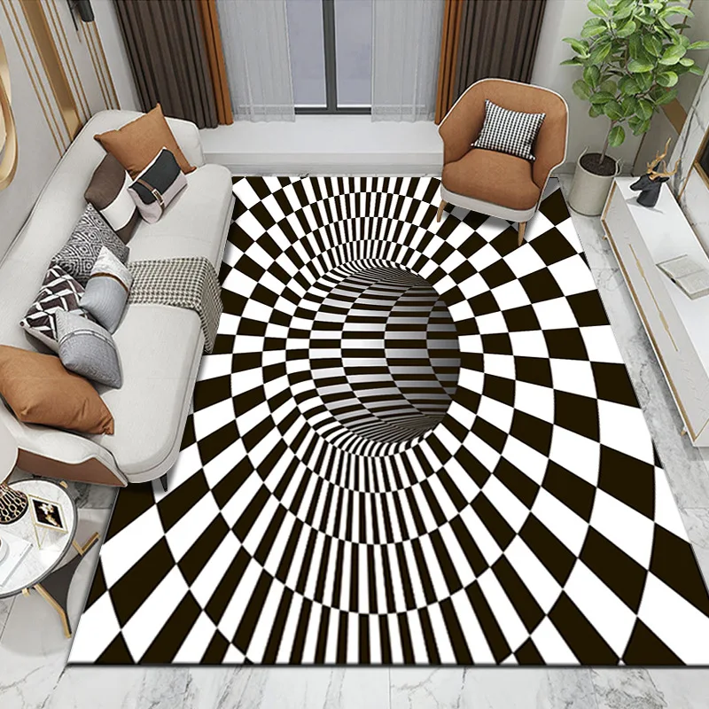 3D Vortex Illusion Black and White Rug for Bedroom Floor Mat Abstract Geometric Optical Vertigo Carpet Non-slip Livingroom Decor