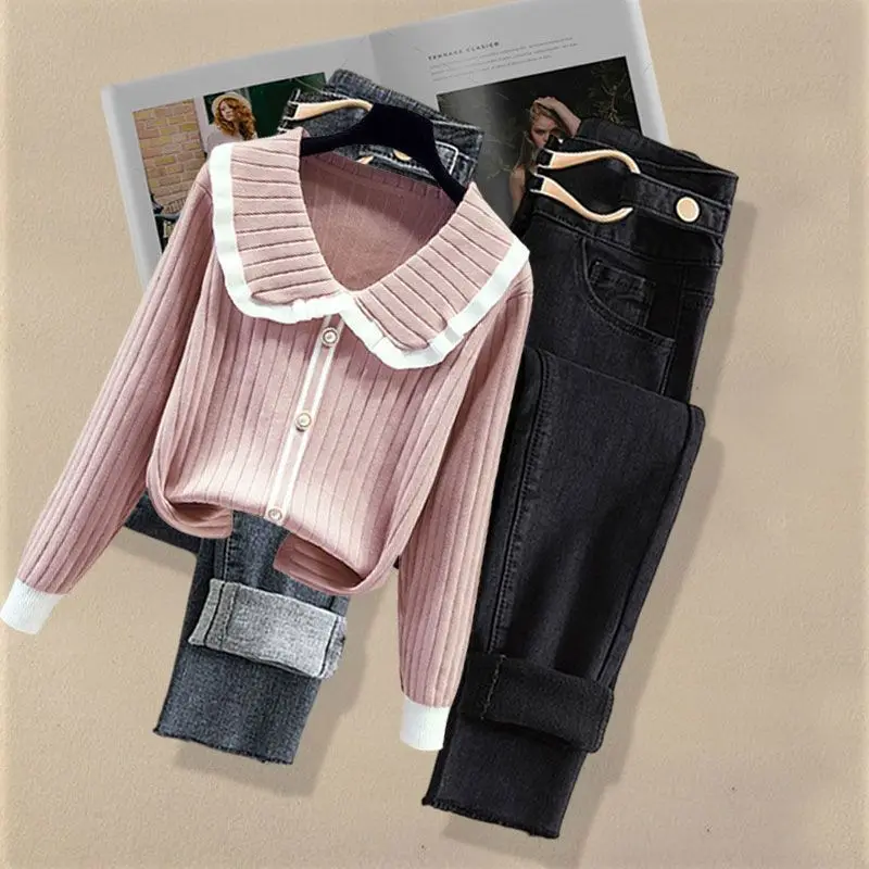 Women\'s 2024 Spring Autumn New Doll Neck Knitted Sweater High Waist Jeans Two Piece Suit Korean Elegant Denim Pants Matching Set