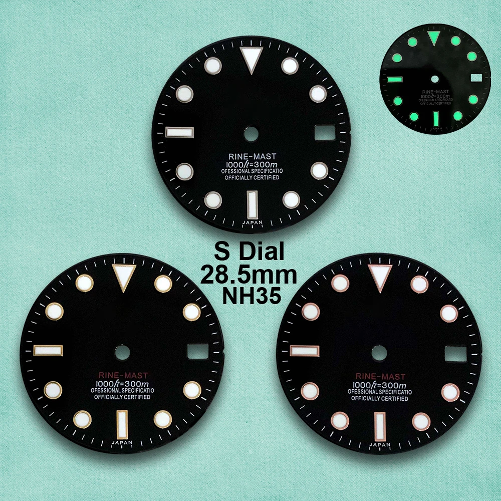 28.5mm SUB S Dial Suitable For NH35/NH36 Movement Green Luminous Quality Black Enamel Diving Watch Modification Accessories
