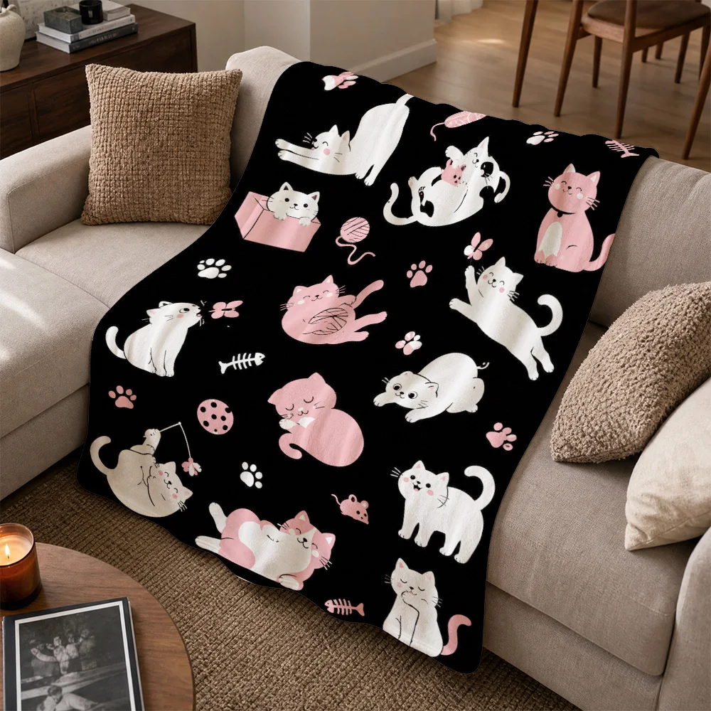 Cute Cat Print Throw Blanket Sofa Decor Nap Mat Cozy Pet Lover Gift for Couch Home Furniture