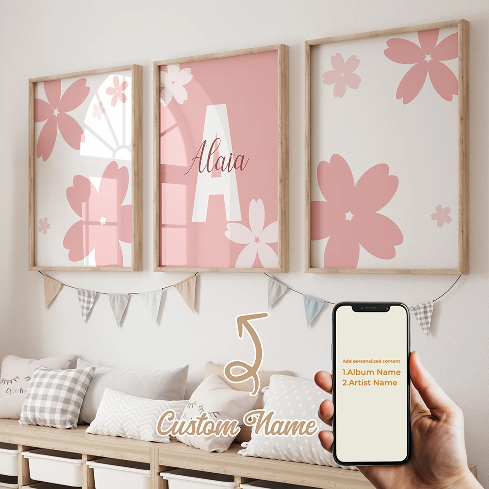 3pcs Personalized Custom Name Cartoon Pink Daisy Wall Art Print Picture Canvas Poster Painting For Living Child Room Home Decor
