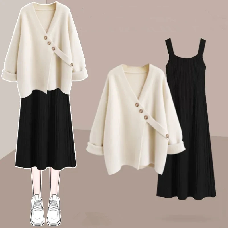 Autumn Winter Loose Sweater Pullover Tank Dress 1 or 2 Piece Set Women Fashion Button V-Neck Knit Tops Sleeveless Dresses Outfit