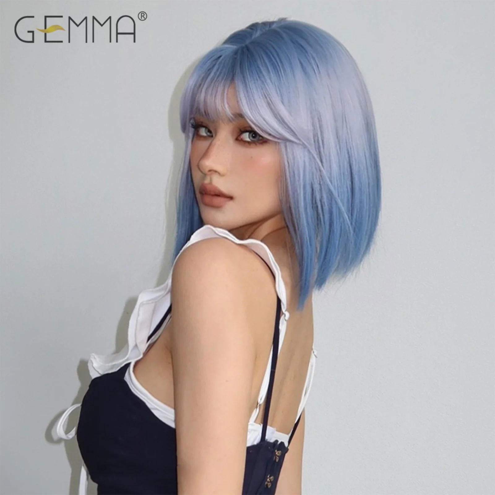 GEMMA Synthetic Straight Ombre Light Blue Wig with Bangs for Women Short Bob Cosplay Lolita Natural Hair Wigs Heat Resistant