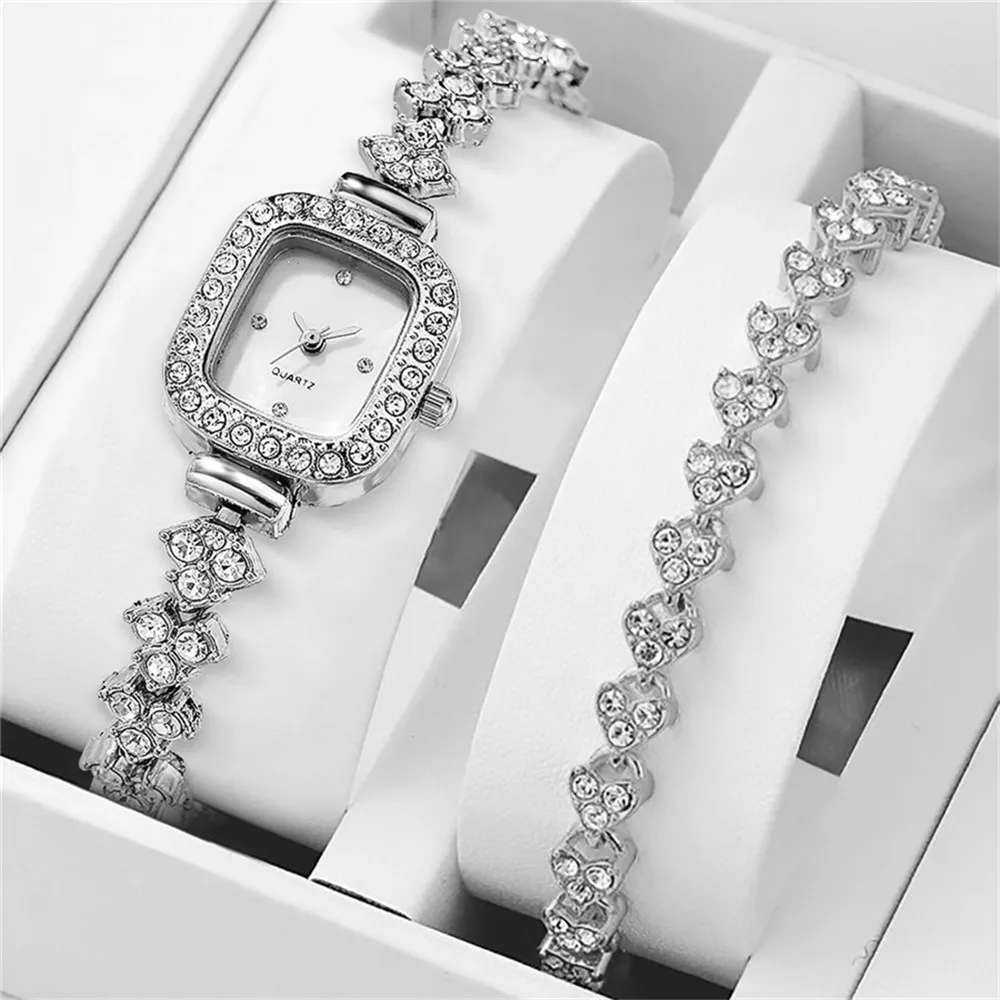 2piece set Ladies Luxury Diamond Set Square Shell Face Quartz Watch Fashion Stainless Steel Bracelet Women's Clock Watches