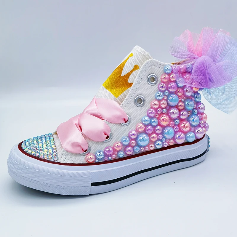 Kids Canvas Shoes Mesh Flower Back Design Crown Unicorn Theme Birthday Party DIY Girl Shoes Dollbling Handmade Bling Sneakers