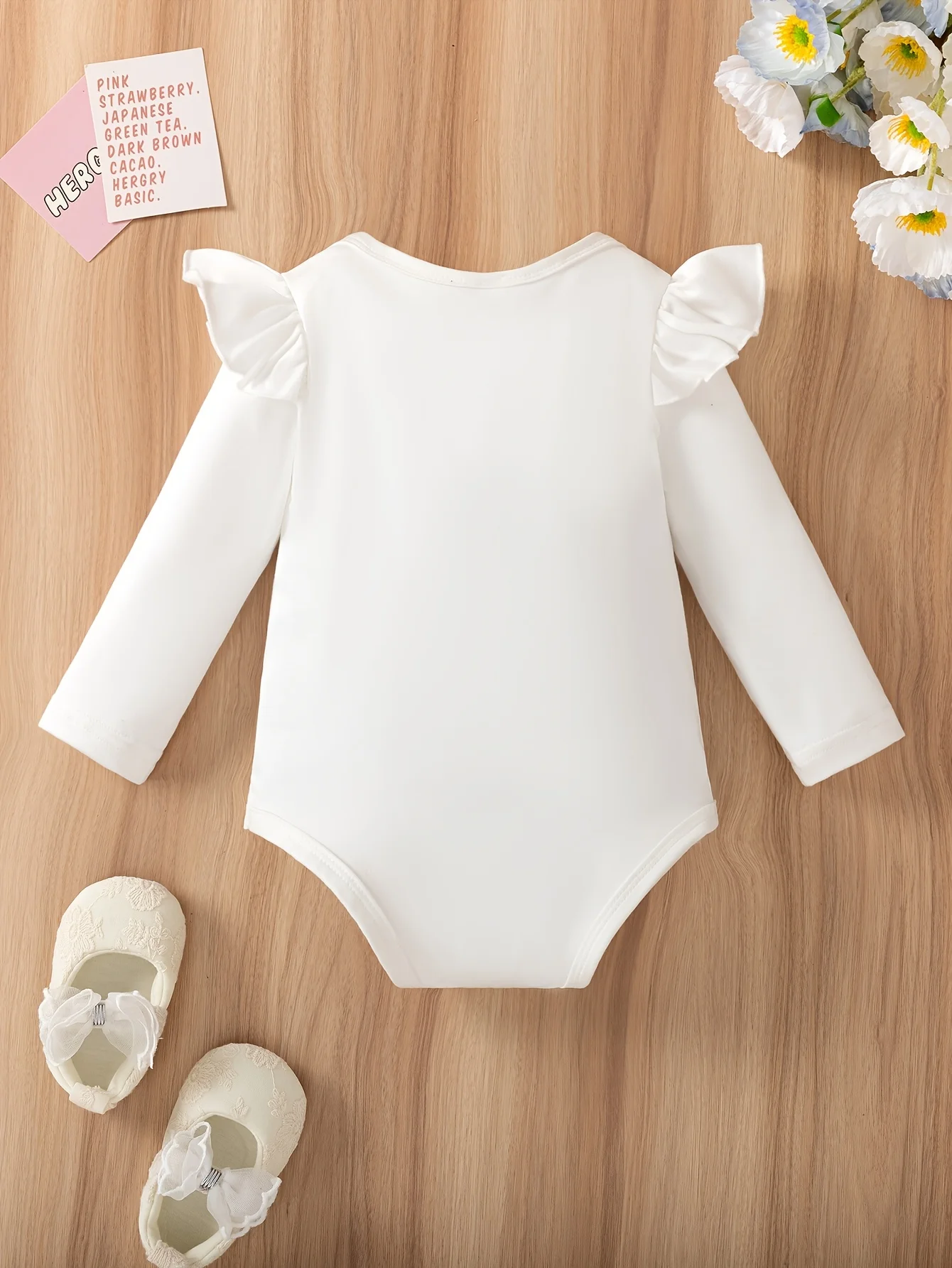 Ruffled Sleeves & Floral Crescent: White Bodysuit—Ramadan’s Cute Delicate Baby