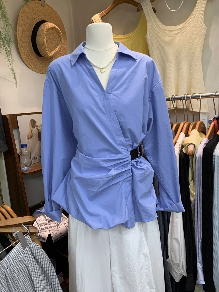 3 ألوان الخريف 2025 الكورية نمط رفض طوق قميص طويل الأكمام فضفاضة الدانتيل يصل حزام الخصر بلوزة الإناث أبلى القمم (JJ9920