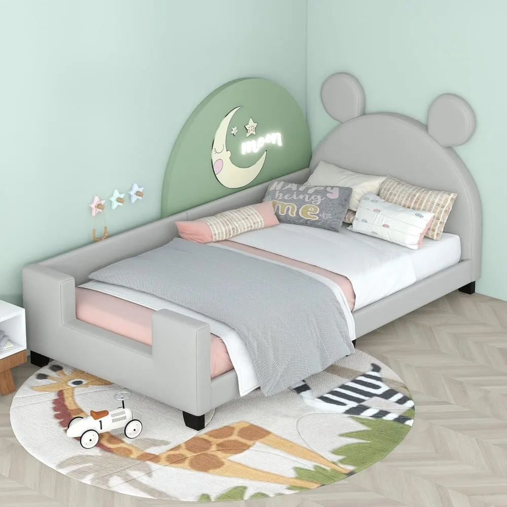 Harper & Bright Designs Twin Upholstered Daybed with Carton Ears Shaped Headboard, Wooden Cute Twin Bed Frame for Kids Teens Adu