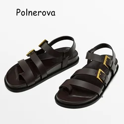 Solid Leather Sandals Toe Wrap One-Line Buckle Women's Shoes Back Strap Flat with Summer Casual Ladies Fashion Roman Sandals