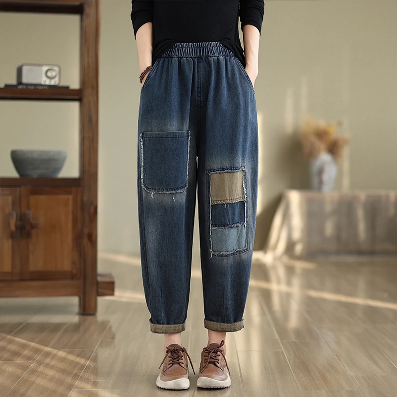 Aricaca Women Retro Patch Designs Jeans in cotone con grandi tasche donna Casual Harem Pants Jeans donna