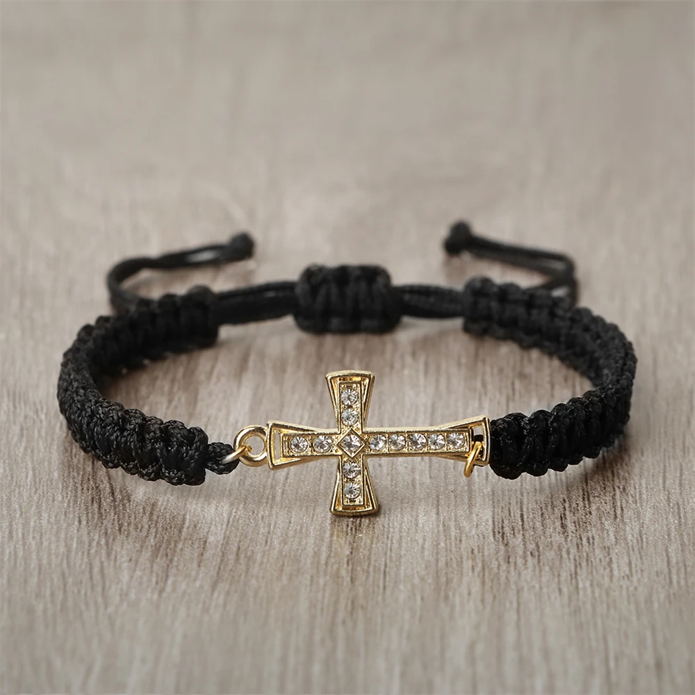 Men Crystal Cross Pendant Bracelets Prayer Lucky Red Black Braided Bracelet for Women Adjustable String Friendship Jewelry Gifts