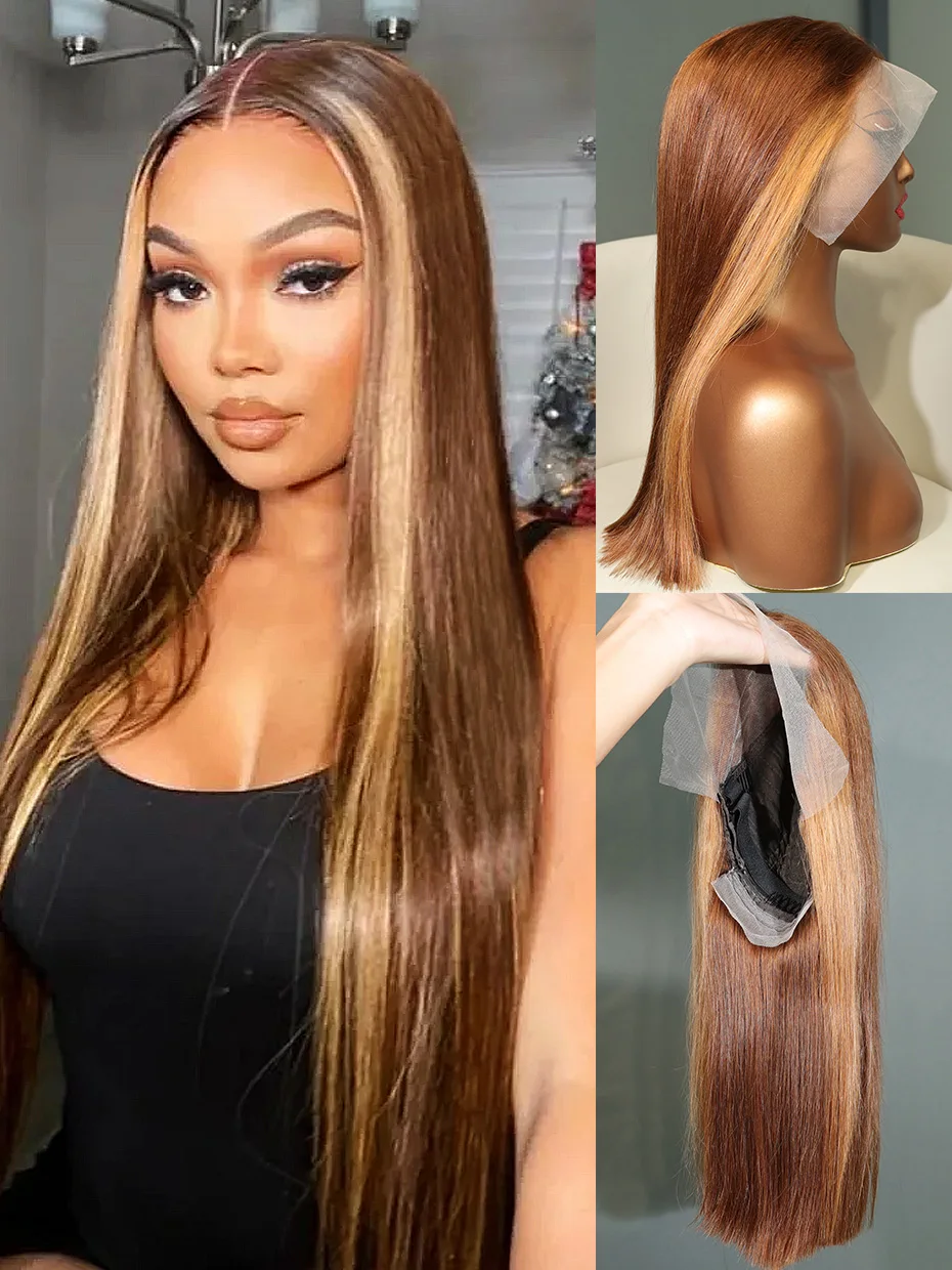 

Парик 427 Brown Blonde 13x4 Bob Double Drawn, 100% натуральные человеческие волосы, идеально прямые, с прозрачным HD-кружевом, окрашенные, из необработанных вьетнамских волос