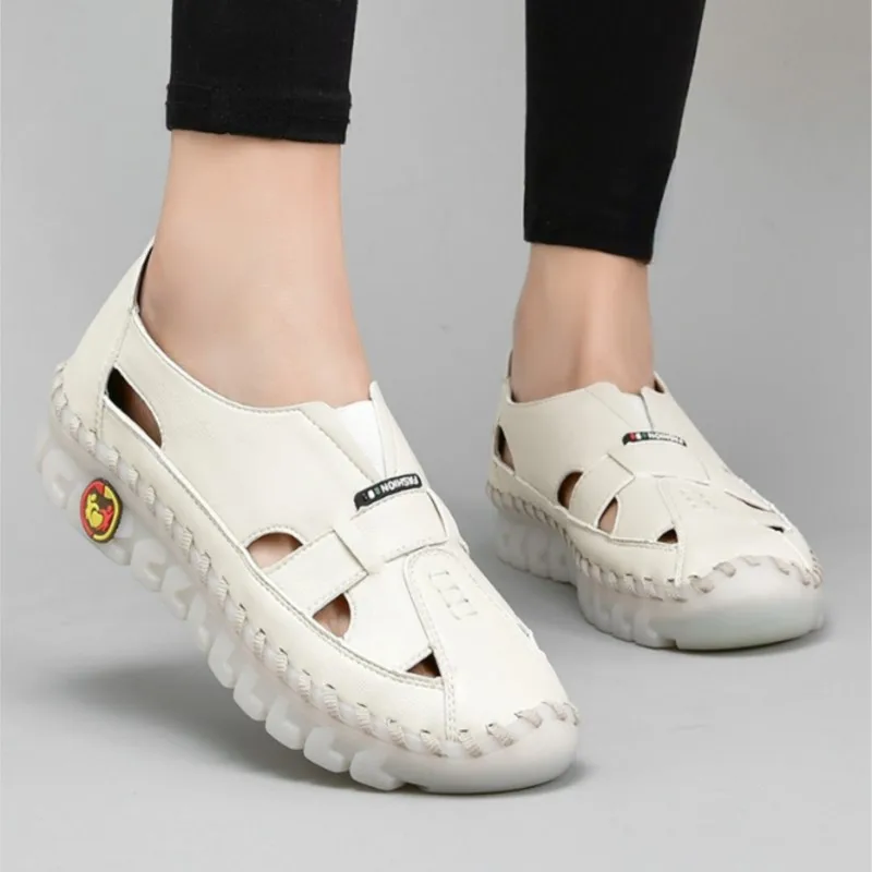 Best-selling handmade stitching women's shoes, cowhide soft-soled mother's shoes, flat sandals, single shoes, casual shoes