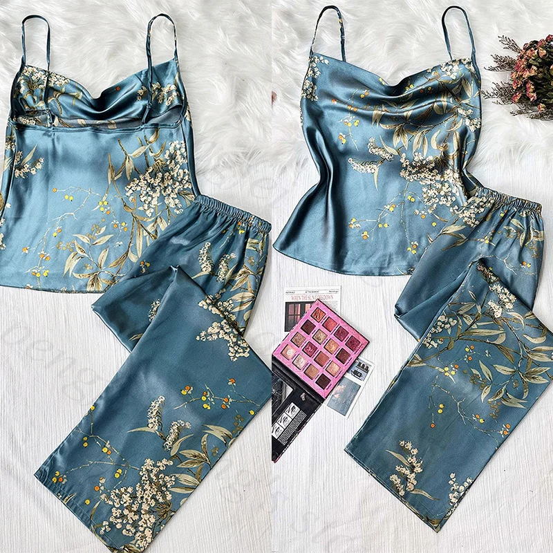 Print Sleep Set Sexy Swing Collar Nightwear Lady\'s Summer Home Clothes Sling Top&pants 2Pcs Pyjamas Loungewear Loose Lingerie