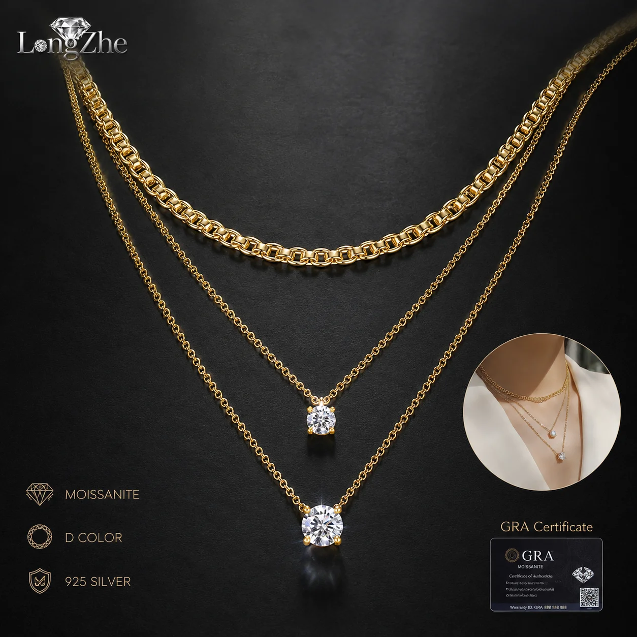 S925 Sterling Silver Moissanite Layered Necklace 0.5CT 1CT 2CT Gold Color Multi Strand Pendant for Women Fine Jewelry Gift
