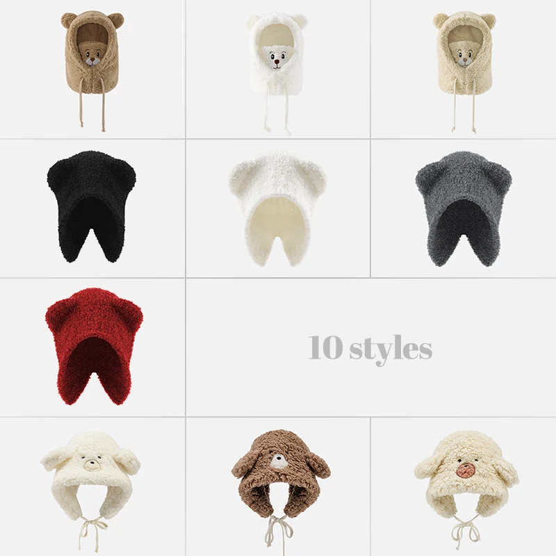 1X Multi-Functional Bear Scarf Hat Female Autumn Winter Thick Plush Plush Scarf Women's Fashion Windproof Warm Woolen Hat