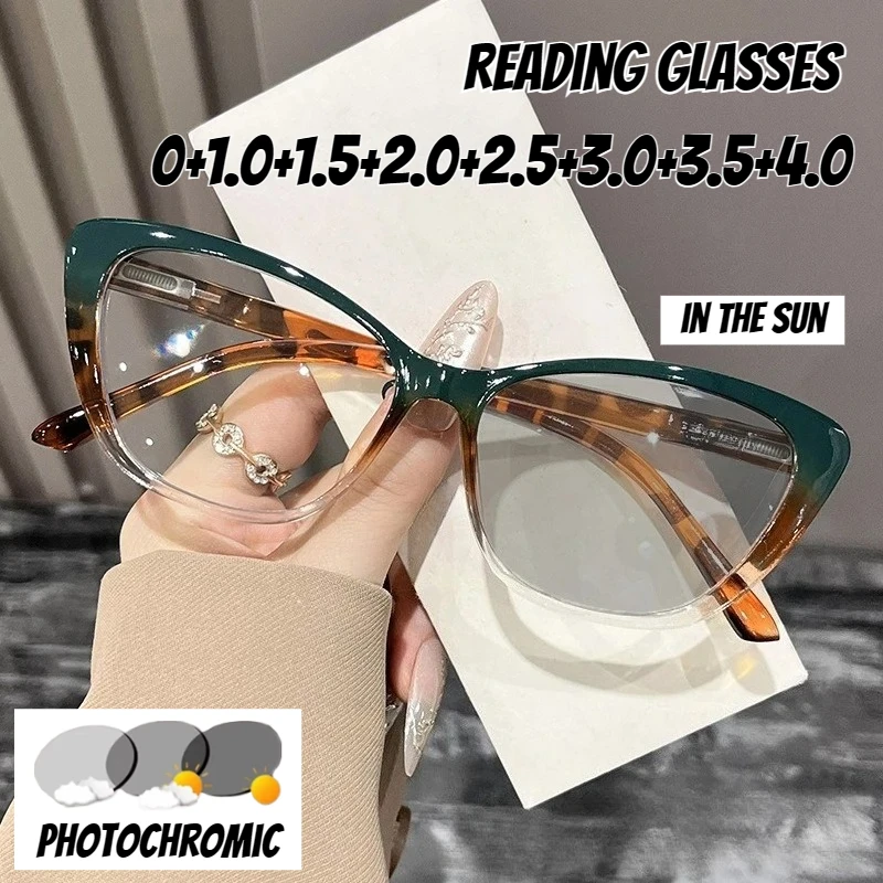 

Fashion Retro Cat-eye Photochromic Reading Glasses Neutral Fashion New High-definition Anti-blue Light Farsighted Glasses To+4.0