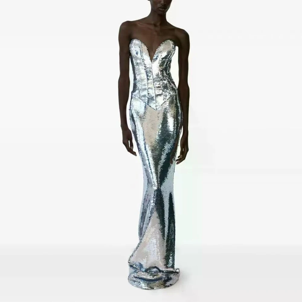 

Formal Sequined Evening Dresses 2026 Strapless Sweep Train Sleeveless Mermaid Special Occasion Elegant Women Long Dress