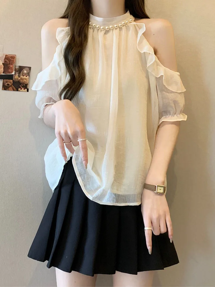 

Женские блузки с открытыми плечами, свободные рубашки с круглым вырезом, Модные свободные блузки в Корейском стиле, 2024