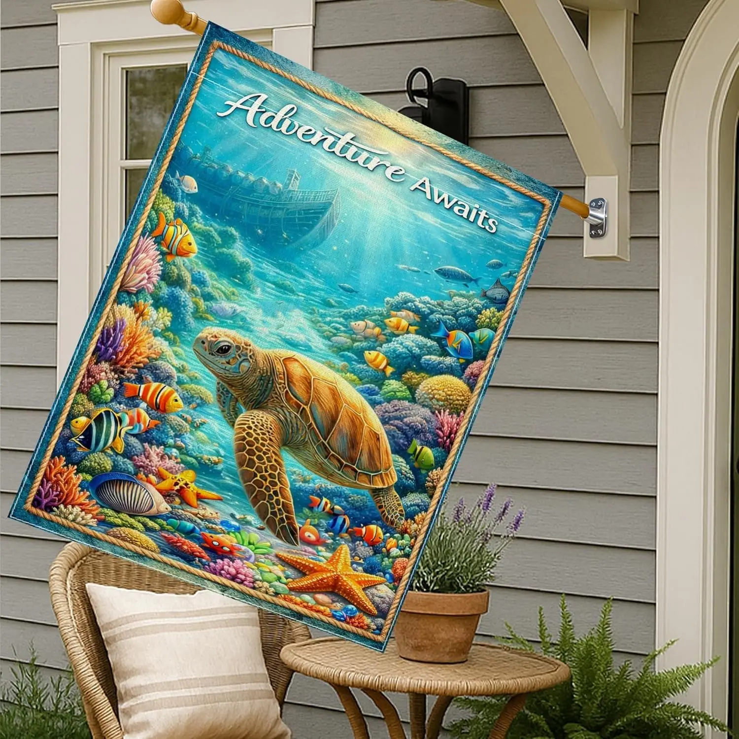Turtle House Flag, Underwater Colorful Coral Fish Summer Blue Double Sided Burlap Outside Large Garden Flag for Outdoor Lawn PPM