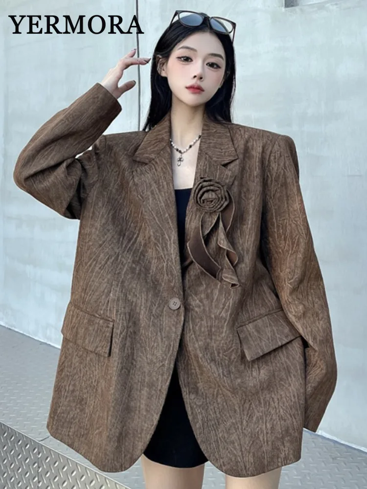 YERMORA Brown Three-dimensional Flower Vintage Blazer For Women Lapel Long Sleeve Fashion Tide Basic Jacket Spring Autumn 2024