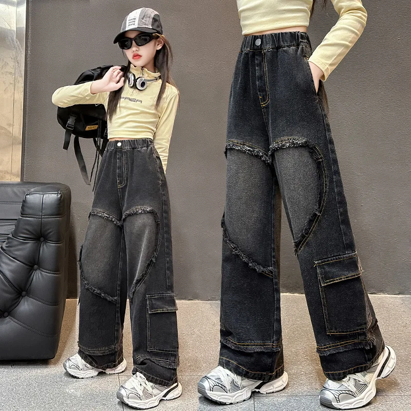 New Arrival Lovely Girl Spring Autum Children Elastic Waist Trousers 5-14Y Kids Jeans Pencil Pants with Letter Pattern Clothes