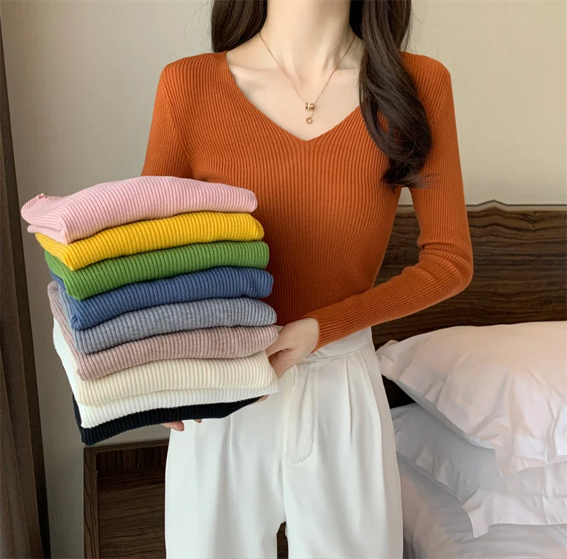 

V Neck Pullover Sweater Women Soft Rib Knit Long Sleeve Fitted Tops Plain Jumper Ladies Autumn Winter Layering Essentials