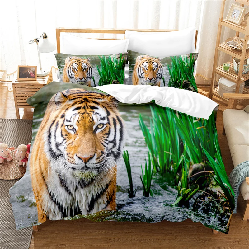 Juego de ropa de cama de León, para niño tigre y leopardo, juego de funda nórdica 3d, ropa de cama de tamaño Queen, funda de edredón con estampado de moda, juegos de cama