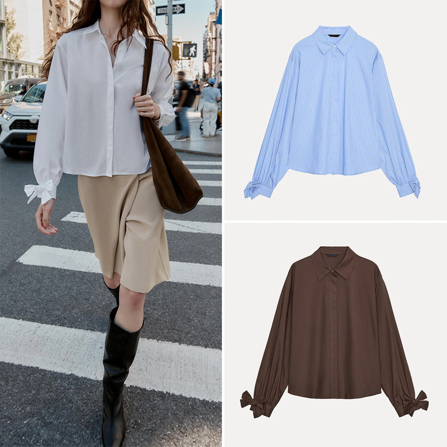 

Женская повседневная модная блузка Z с узлом, из шелкового твила, новинка 2025 года, свободный крой, длинный рукав, для делового и повседневного стиля