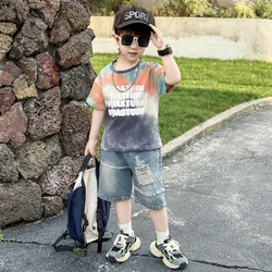 Teens Kids Boys Summer Junior Boys Casual Clothes Suits Short Sleeve Tops+ Denim Shorts 2Pcs New Trendy Handsome Baby Outfit Set