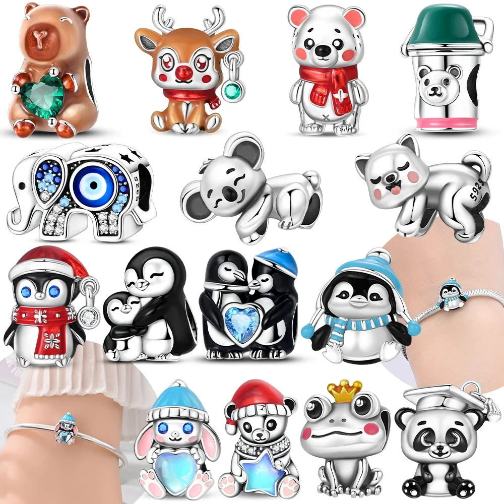 

Original Charm 925 Sterling Silver Penguin Blue Zircon Rabbit Koala Animals Beads Fit Bracelet Accessory Gift Jewelry Diy Women