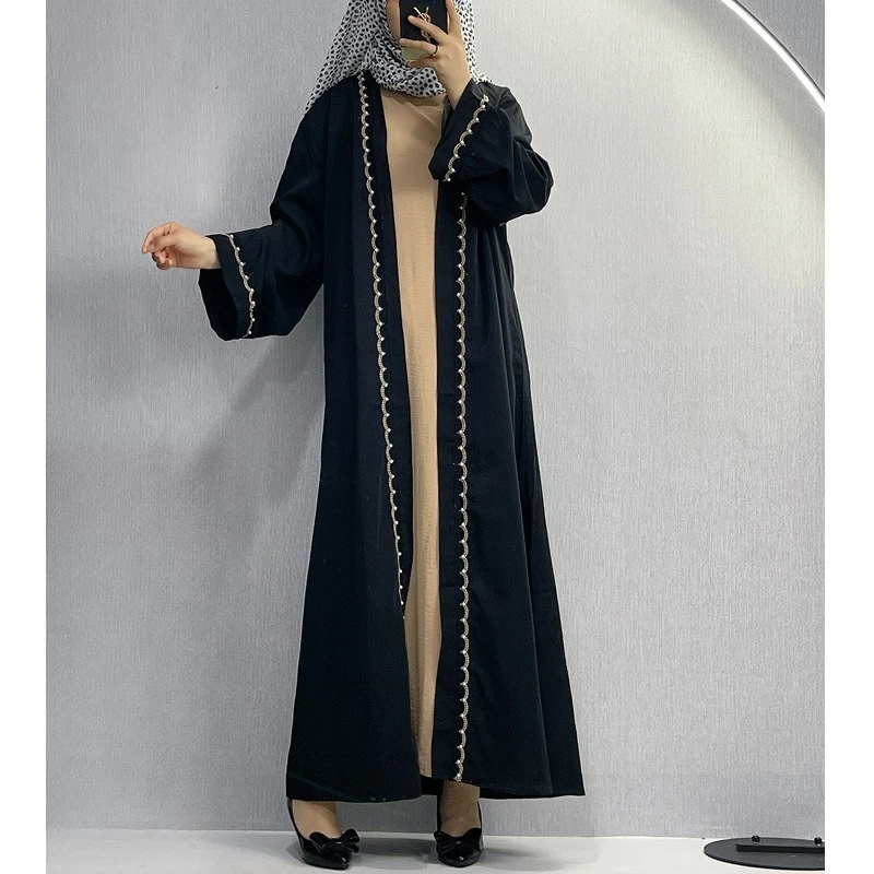 

Cross-border foreign trade women's long dress Dubai embroidered lace nails pearl cardigan robe spot ethnic style