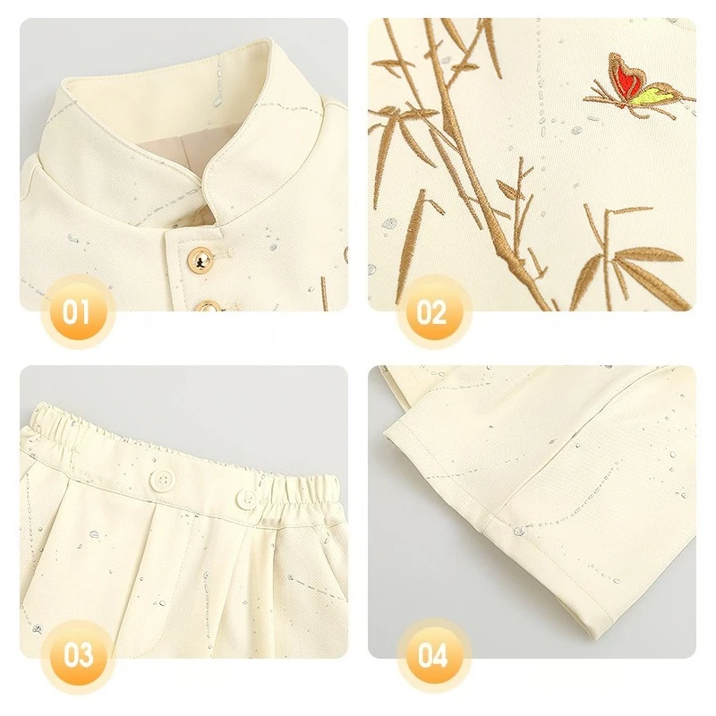 Boys Chinese Tang Suit Set Glitter Bamboo Butterfly Embroidery Vest, Shirt, Pleated Shorts & Tie for Wedding Party Photoshoot