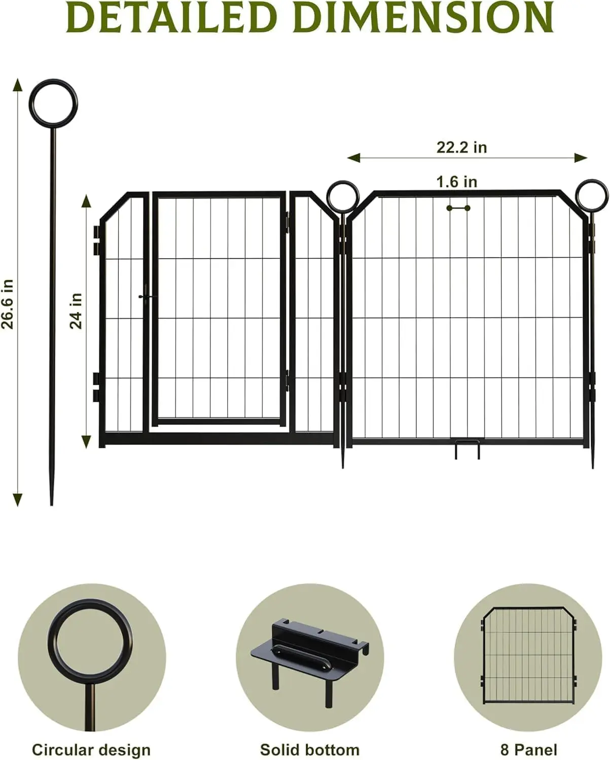 Indoor/Outdoor Dog Playpen, 24-Inch 8-Panel Heavy-Duty Metal Pet Fence with Lockable Door & Anti-Rust Coating, for Small & Medium Dogs, Camping & Yard Use, Black