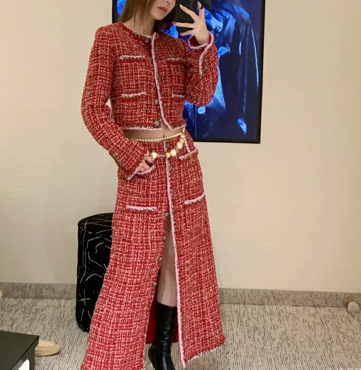 

Women's jacket Tweed wool classic four pocket runway, high-quality silk lining in red, paired with the same half skirt, sold sep