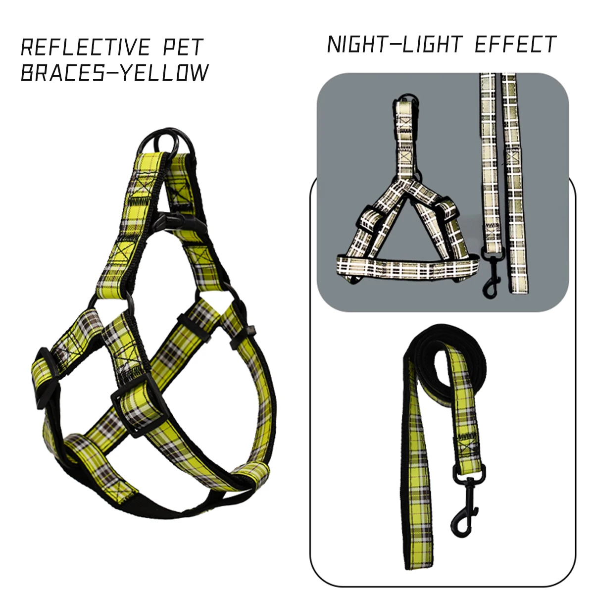 A set of plaid reflective chest and harness set for small and medium-sized dogs to go out for a walk and a lead rope for cats an