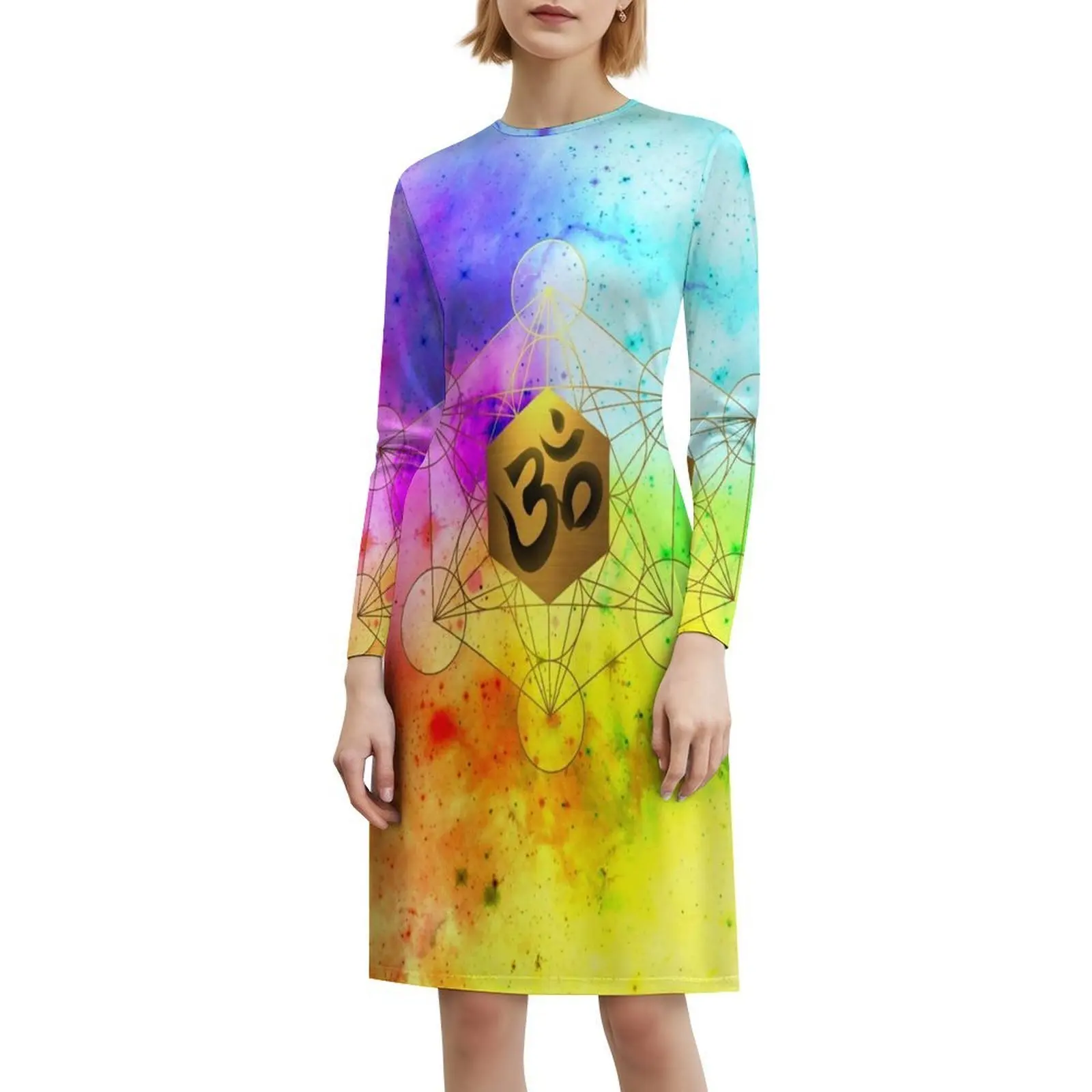 الهندسة المقدسة Metatron'S Cube Om Chant فستان سموك الأزهار للنساء الربيع الصيف فستان كاجوال للحزب الهندسة المقدسة Om