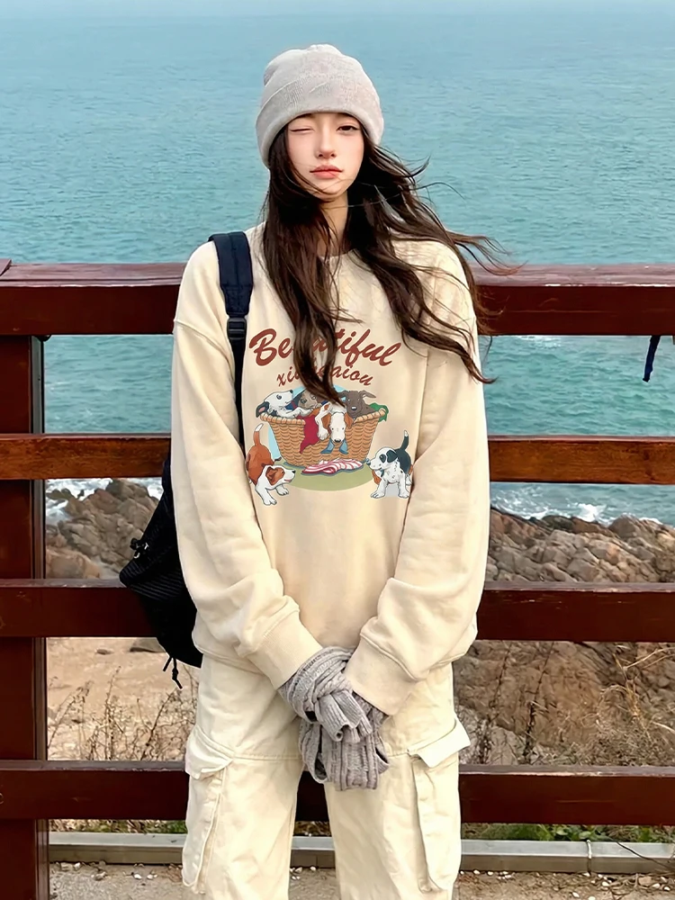 

Розовый свитшот с длинными рукавами и круглым вырезом, женский, свободного кроя, с милым принтом собаки, повседневный, весенняя новинка, топ для пар