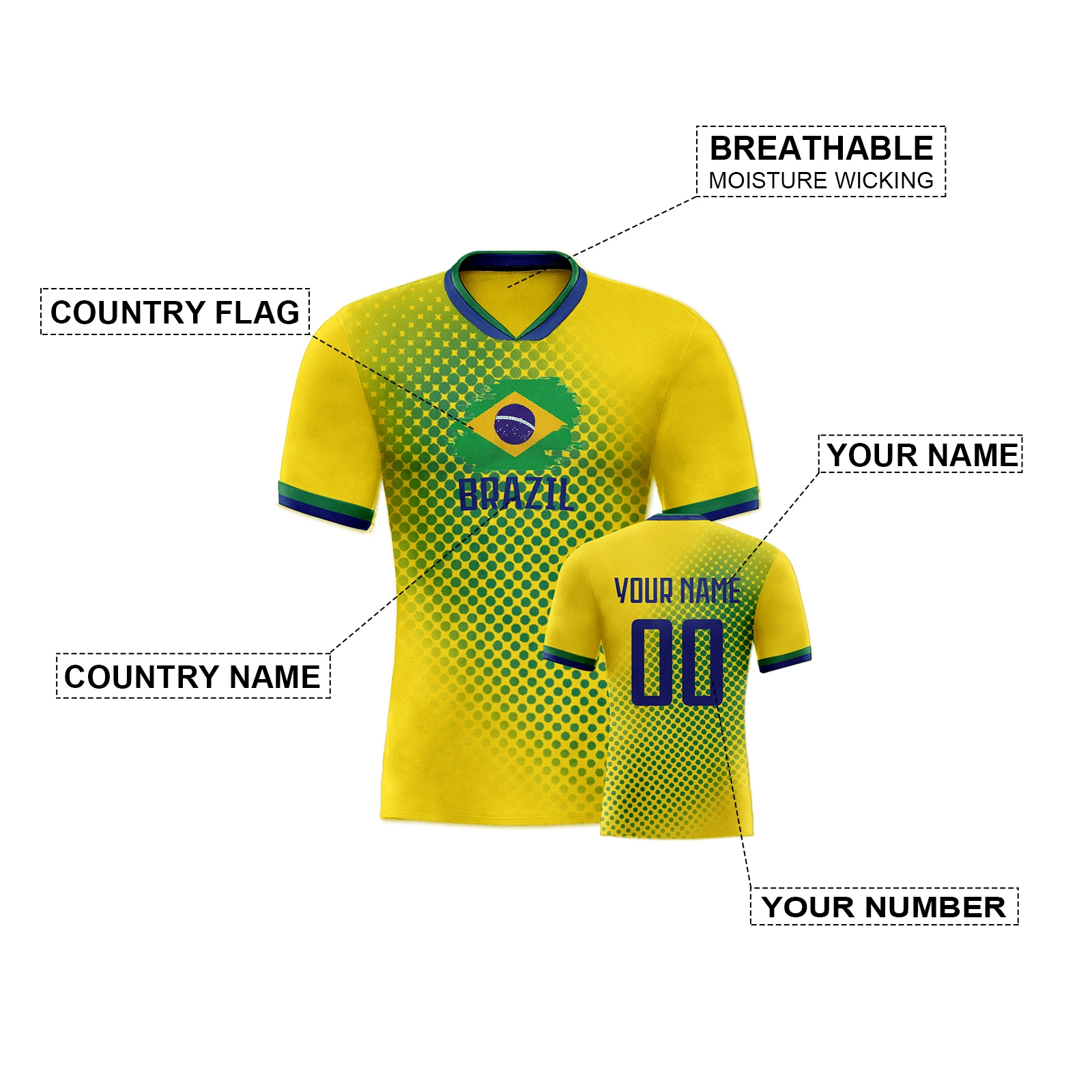 Custom Brazil Football Jersey Personalized Name Number Breathable Quick-drying Soccer Uniform Fans Gift for Men Women Youth