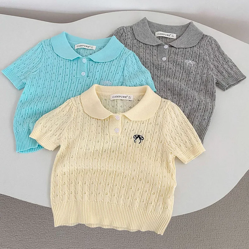 MILANCEL New Summer Kids Polo Shirts 18M-7Y Cute Bow Knit Girls T-shirt Loose Ventilate Children Clothes Hollow-out Boys Tops