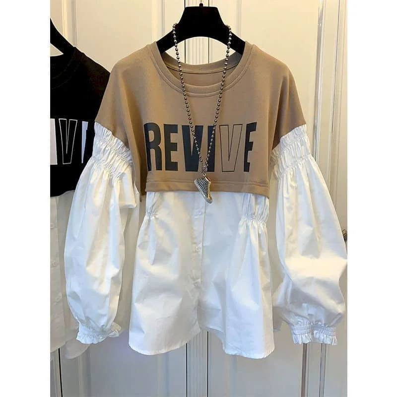 Shirts for Women O-neck Korean Fashion Oversized Blouse Solid Patchwork Fake Two Pieces Hoodies Long Sleeved Casual Women Tops