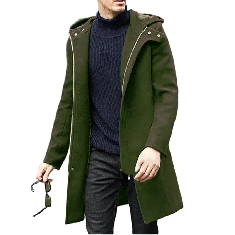 2024 New Product. European and American Men's Autumn and Winter Casual Mid-length Woolen Overcoat with Hood and Double-breasted.