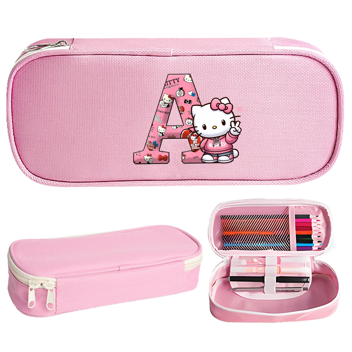 Hello Kitty Pencil Case A-Z Letter Cartoon Pen Bag Kawaii Anime Pink Art Supplies Large Pen Bags Student Office Stationery Gift