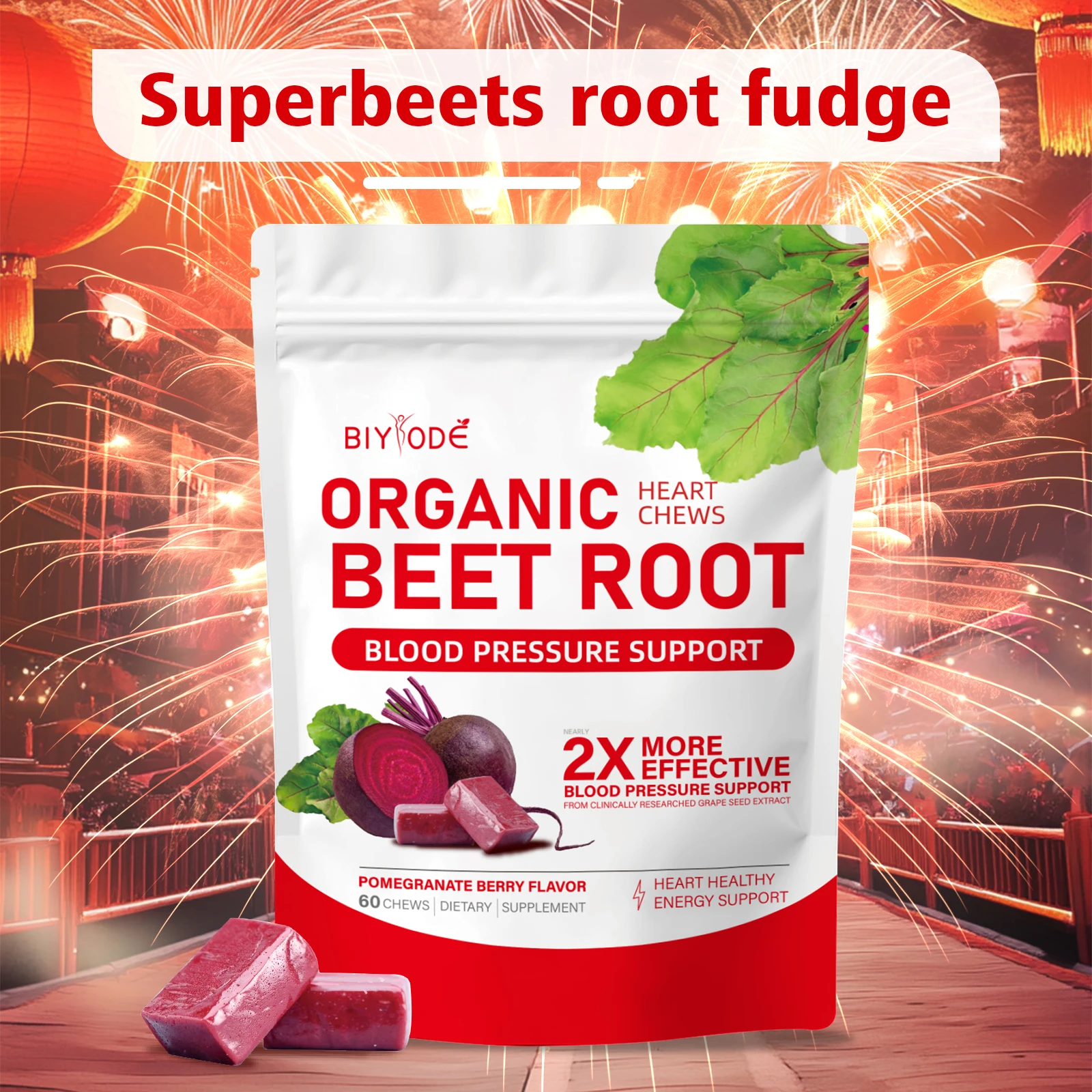 Organic Beet Root Gummies,Beets Heart Chews,Nitric Oxide & Pressure Support,Grape Seed Extract Energy Supplement 60 Count