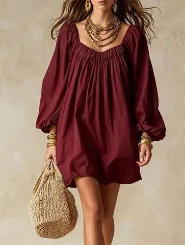 Women's Summer Dress Fashion Solid Color Square Neck Loose Mini Dresses Casual Vacation Beach Daily Vacation Short Dress Robe