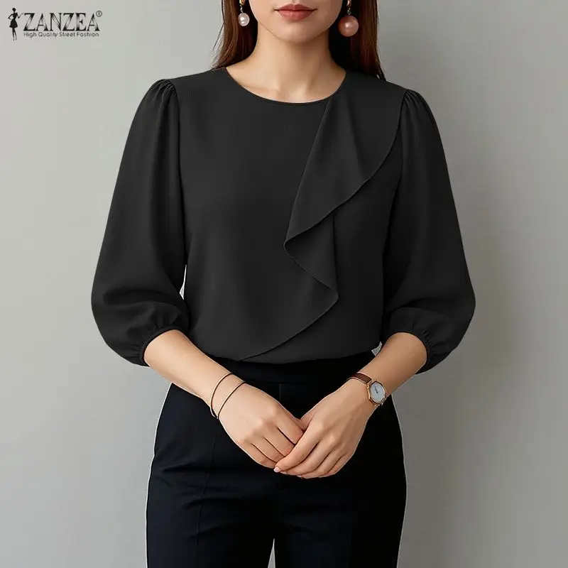 

Элегантная женская однотонная офисная блузка ZANZEA 2026, летняя рубашка с круглым вырезом и рукавом 3/4, стильный топ с рюшами для отпуска, туника для женщин
