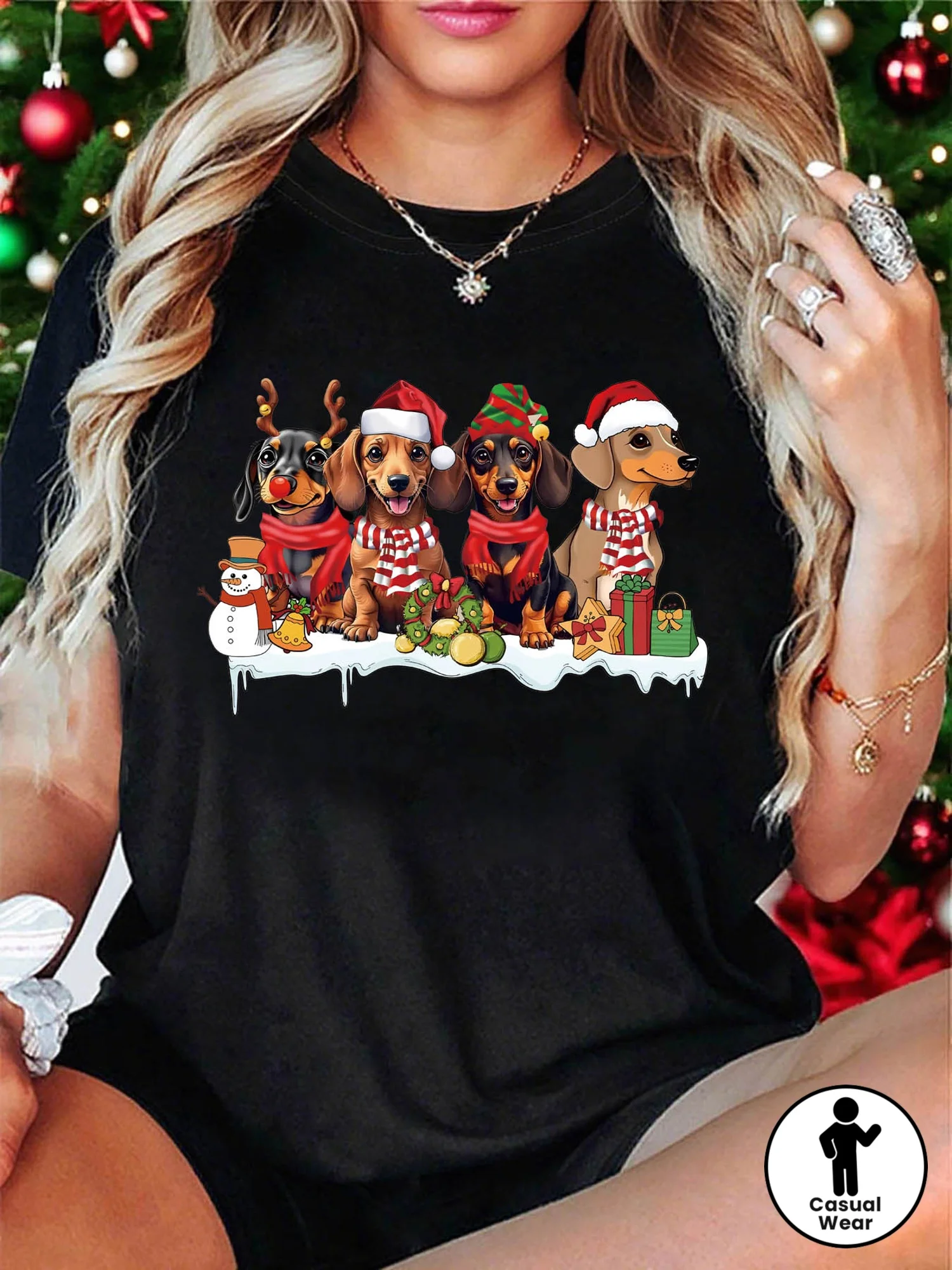 Cute Dogs Celebrate Christmas Graphic Print T-shirt, Short Sleeve Crew Neck Casual Top for Summer & Spring, Women's Clothing