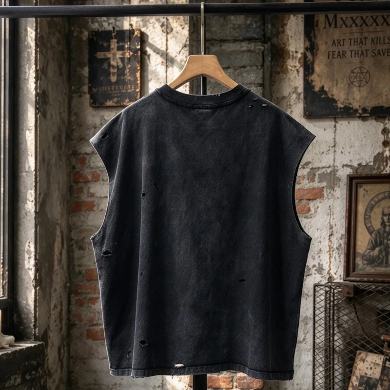 Vintage Distressed Washed Worn Hole Vest FUN FACT I DON'T CARE Saint Sleeveless T-shirt Loose Street Men Round Neck Tank Tops