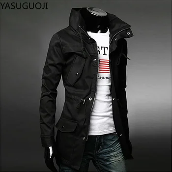 YASUGUOJI New 2025 Men's Trench Coats Outerwear Military Cargo Jacket Men Windbreakers Male Classic Slim Fit Trench Coat Man